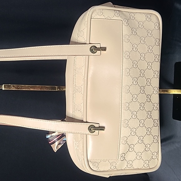 GUCCI VINTAGE 2000 GG BEIGE CANVAS HAND BAG WITH CALF SKIN LEATHER/GOLD HRDWR - Picture 12 of 17